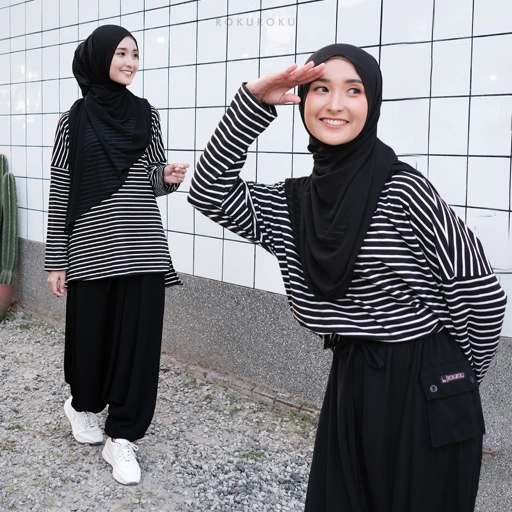 Image of ROKUROKU.ID | Xena Shirt - Baju Olahraga Atasan Wanita Kaos Stripe Salur Lengan Panjang All Size