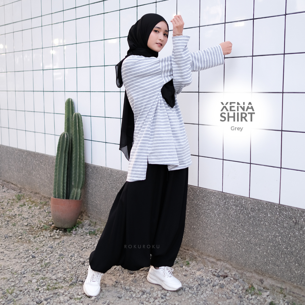 ROKUROKU.ID | Xena Shirt - Baju Olahraga Atasan Wanita Kaos Stripe Salur Lengan Panjang All Size