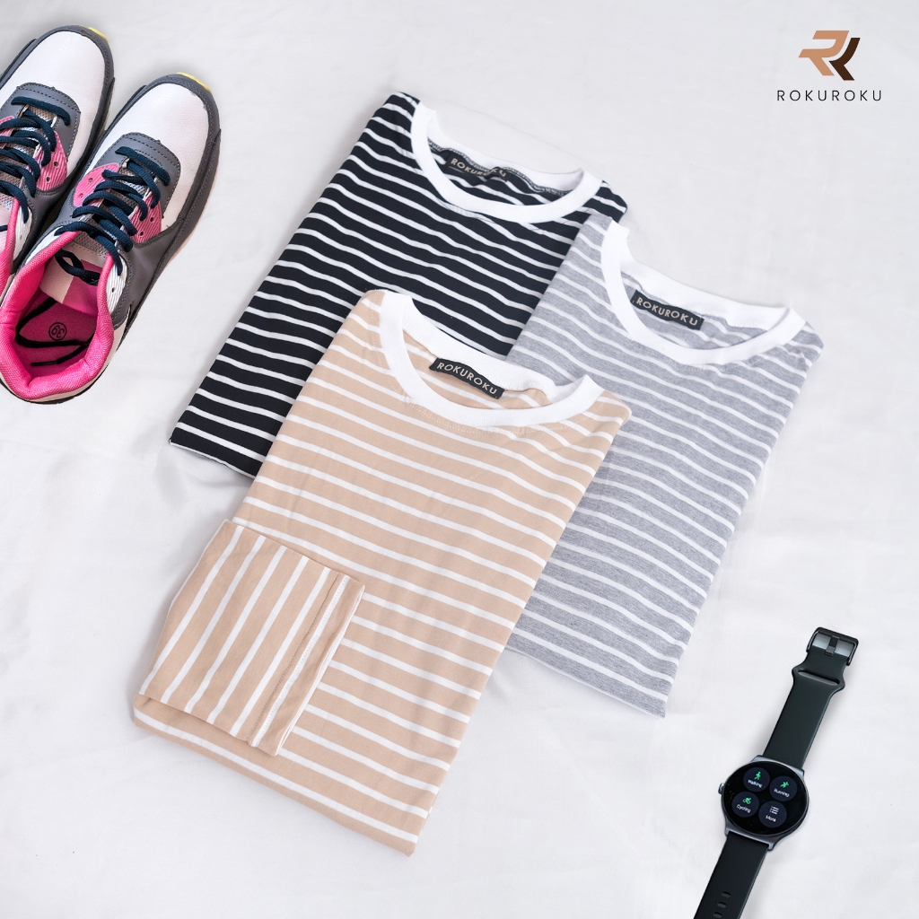 ROKUROKU.ID | Xena Shirt - Baju Olahraga Atasan Wanita Kaos Stripe Salur Lengan Panjang All Size