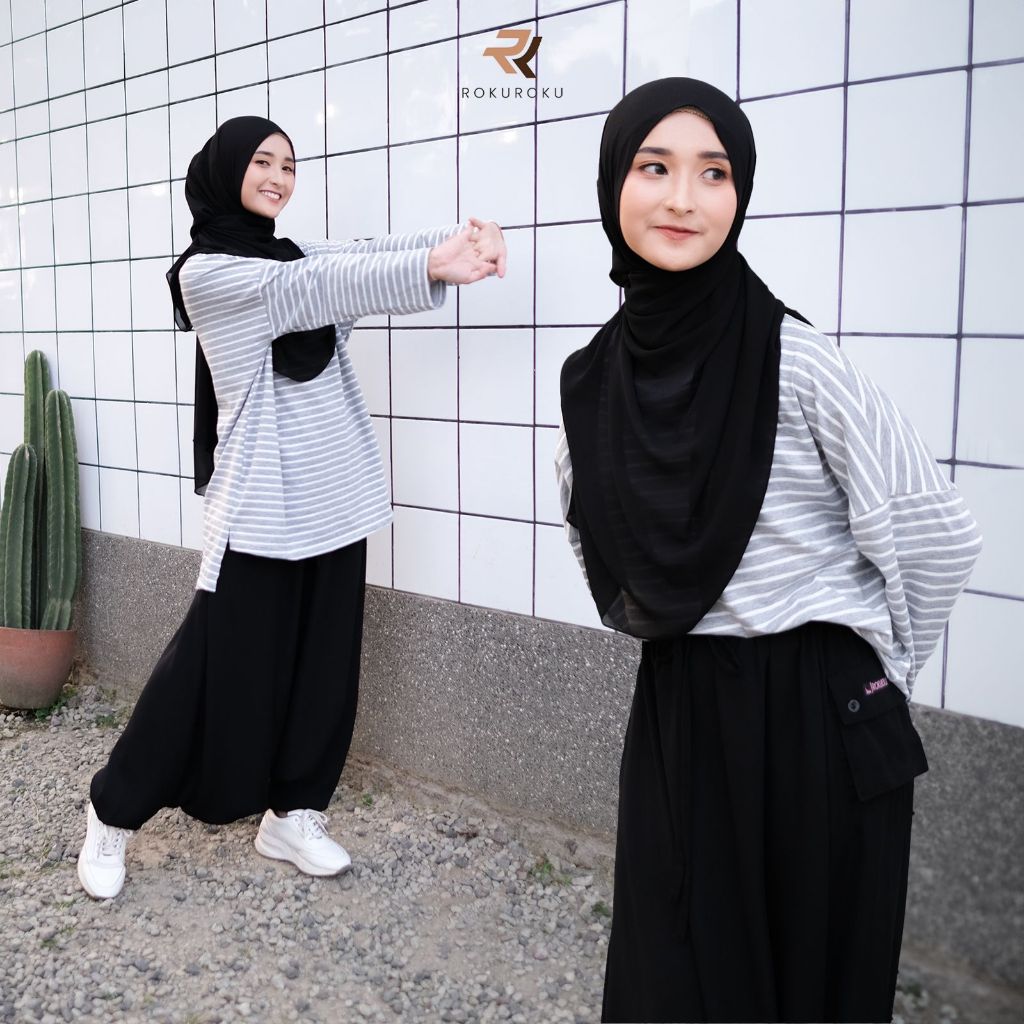 ROKUROKU.ID | Xena Shirt - Baju Olahraga Atasan Wanita Kaos Stripe Salur Lengan Panjang All Size