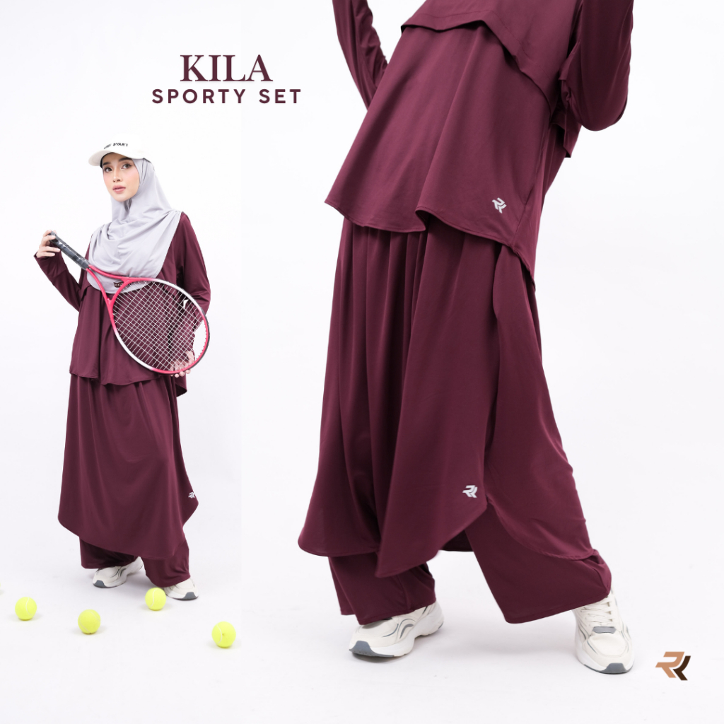 ROKUROKU.ID | Kila Sporty Set - One Set Setelan Baju Olahraga Muslimah Syari Rok Celana Skort Jersey Spandex Premium