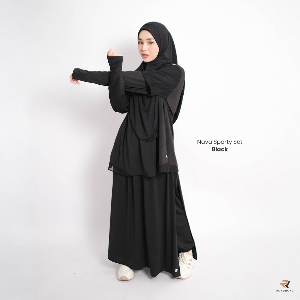 ROKUROKU.ID | Nava Sporty -  Setelan Baju Olahraga Wanita Muslim One Set Rok Celana Jersey Premium