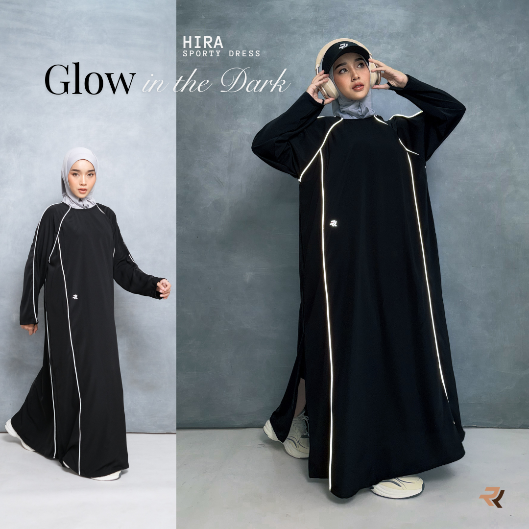 ROKUROKU.ID | Hira Sporty - Gamis Olahraga Reflektif Stripe Baju Olahraga Wanita Muslim Anti UV Syar'i