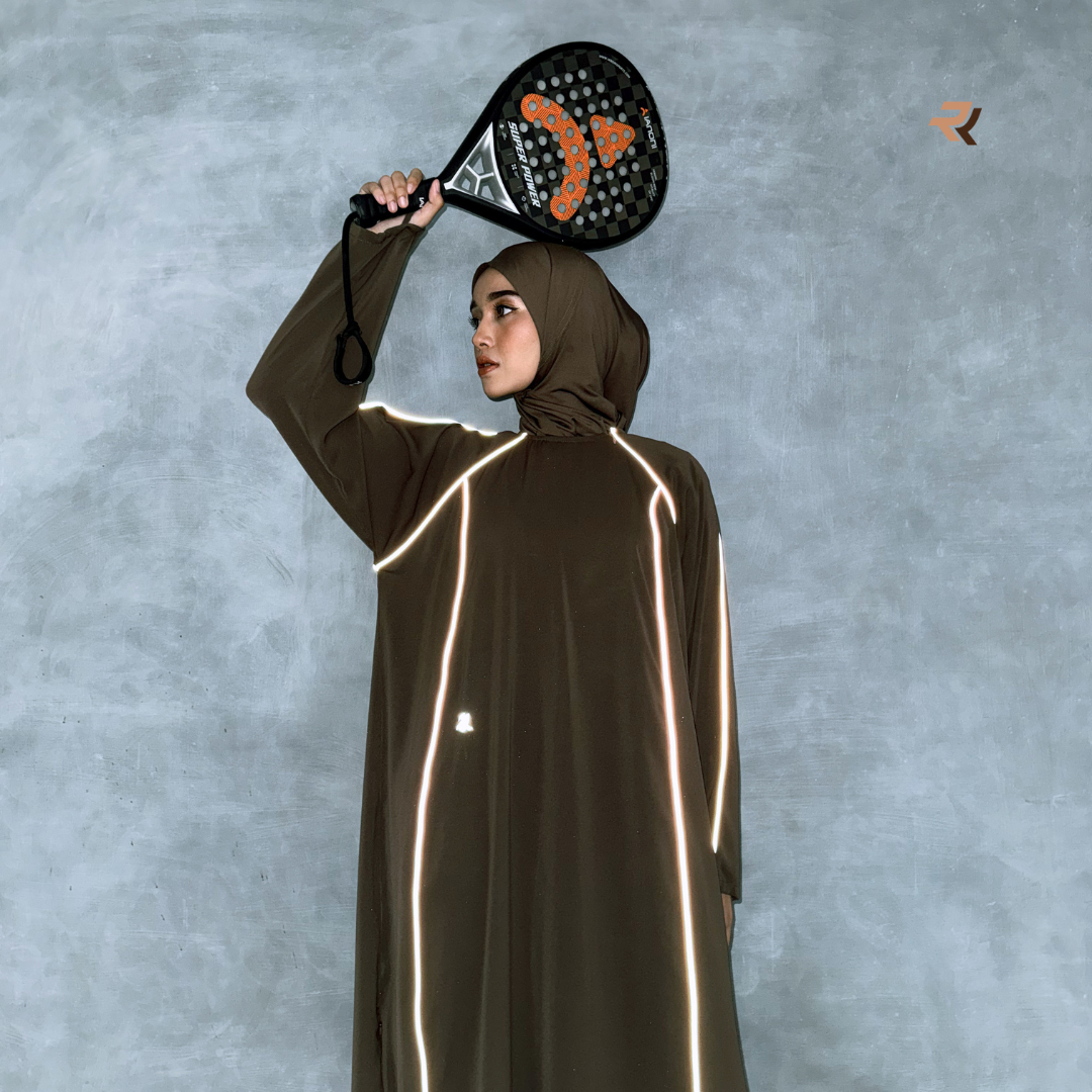 ROKUROKU.ID | Hira Sporty - Gamis Olahraga Reflektif Stripe Baju Olahraga Wanita Muslim Anti UV Syar'i