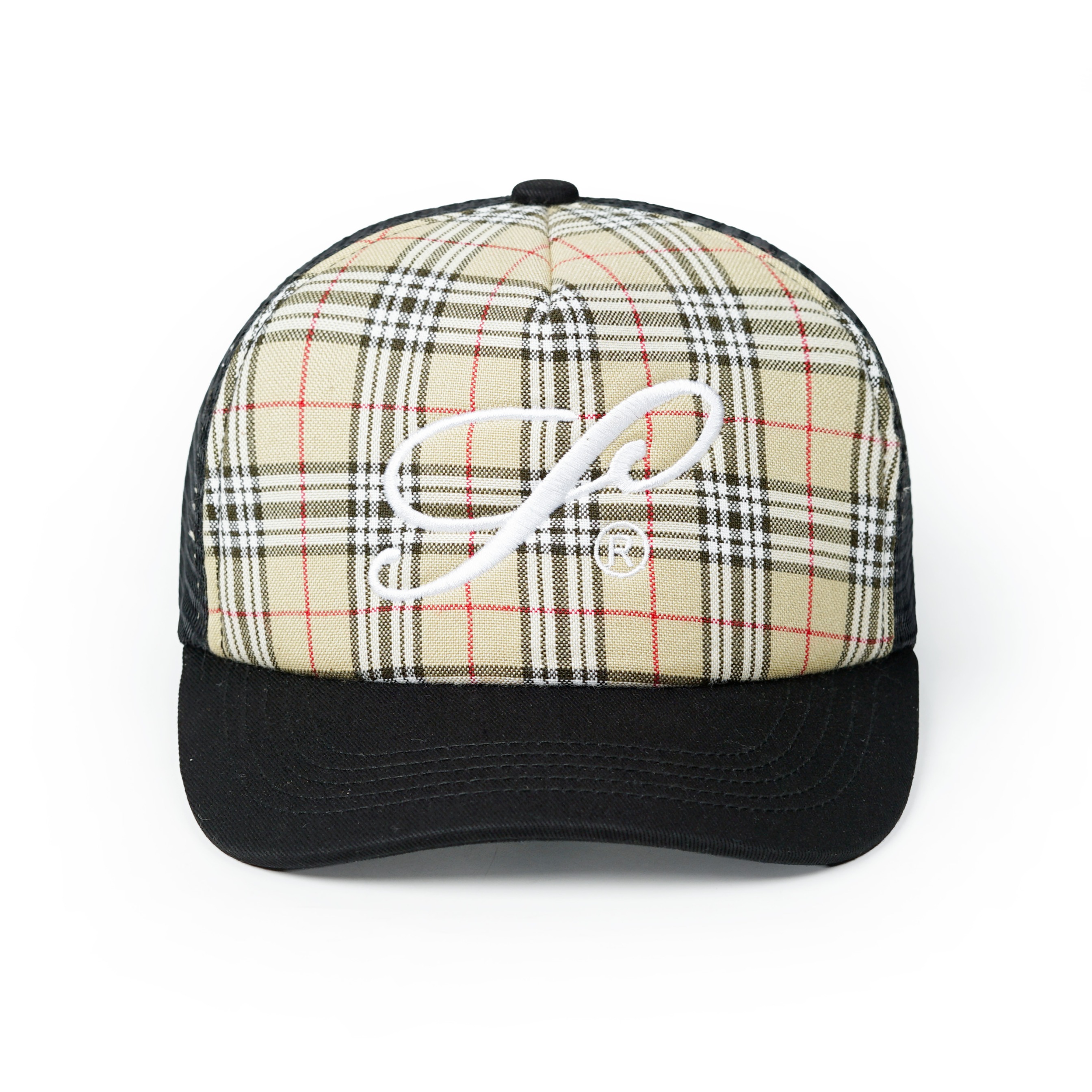 Strainwaves Logo Plaid Trucker Hat Twotone Black