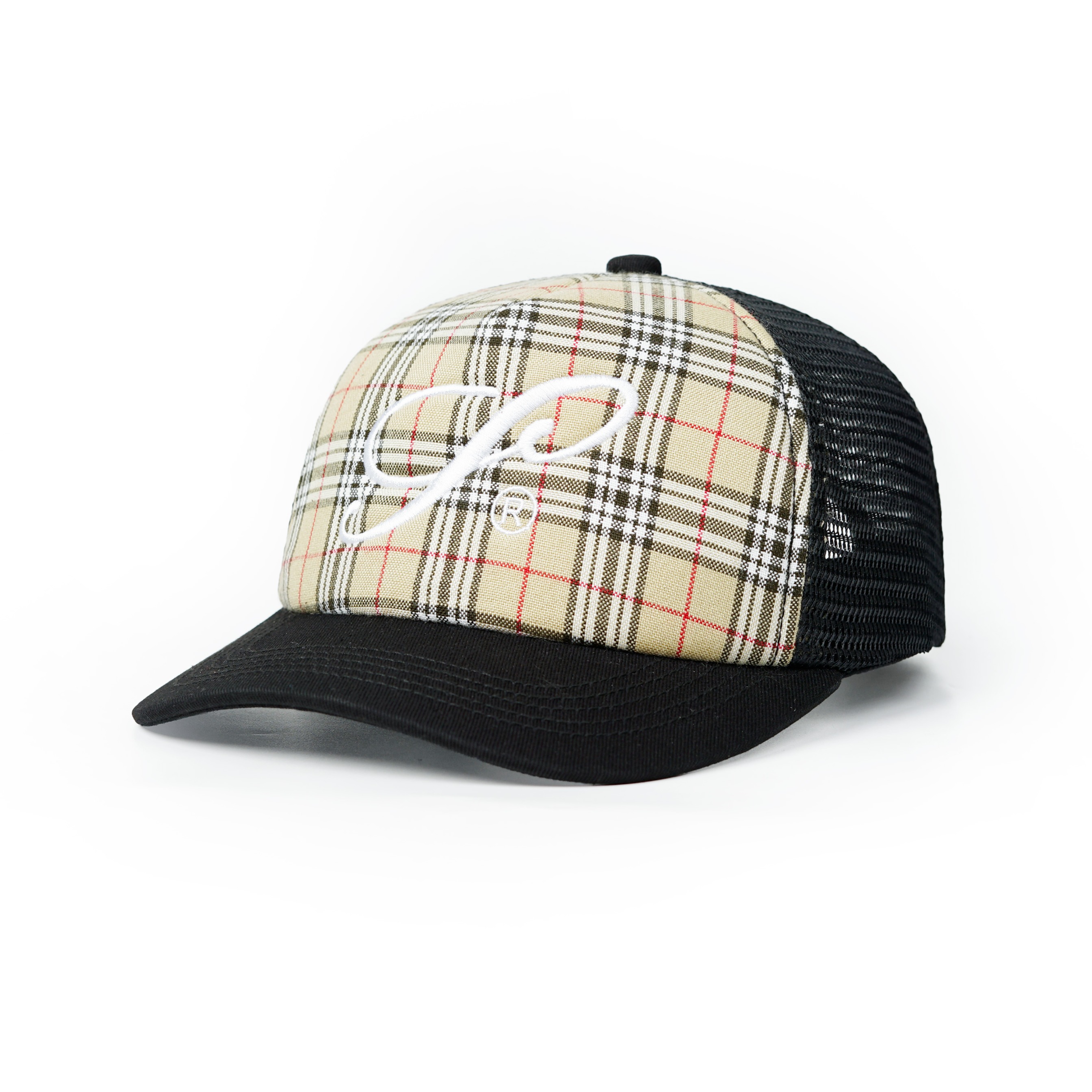 Strainwaves Logo Plaid Trucker Hat Twotone Black