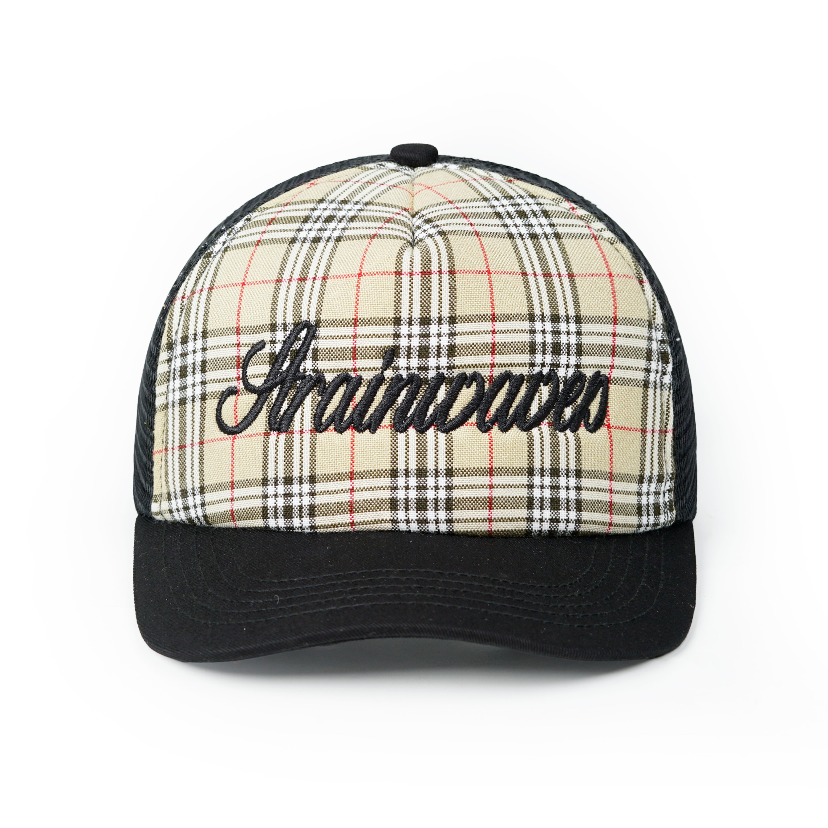 Strainwaves Font Plaid Trucker Hat Twotone Black