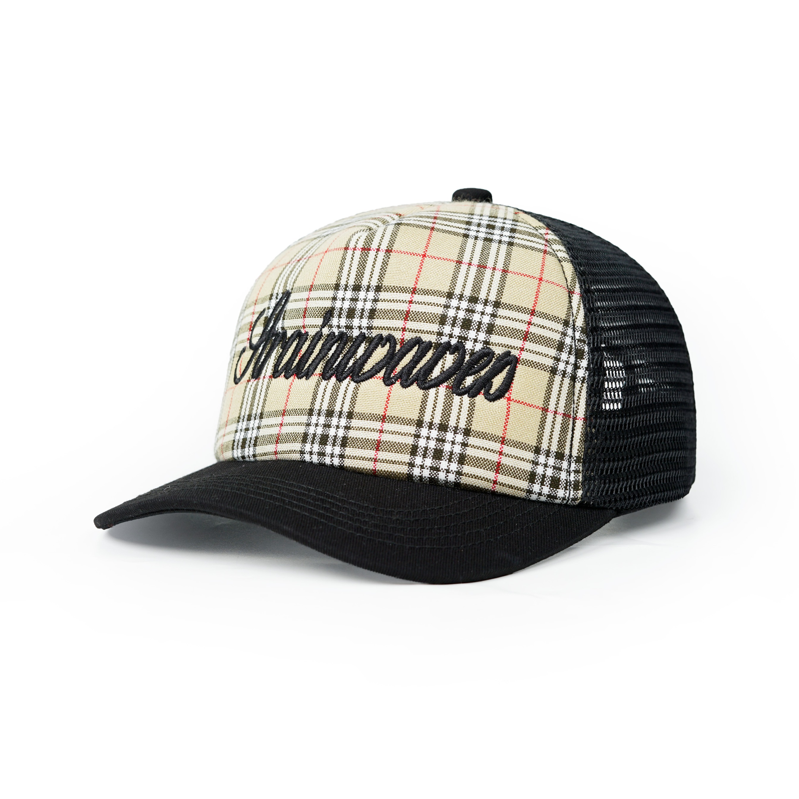 Strainwaves Font Plaid Trucker Hat Twotone Black