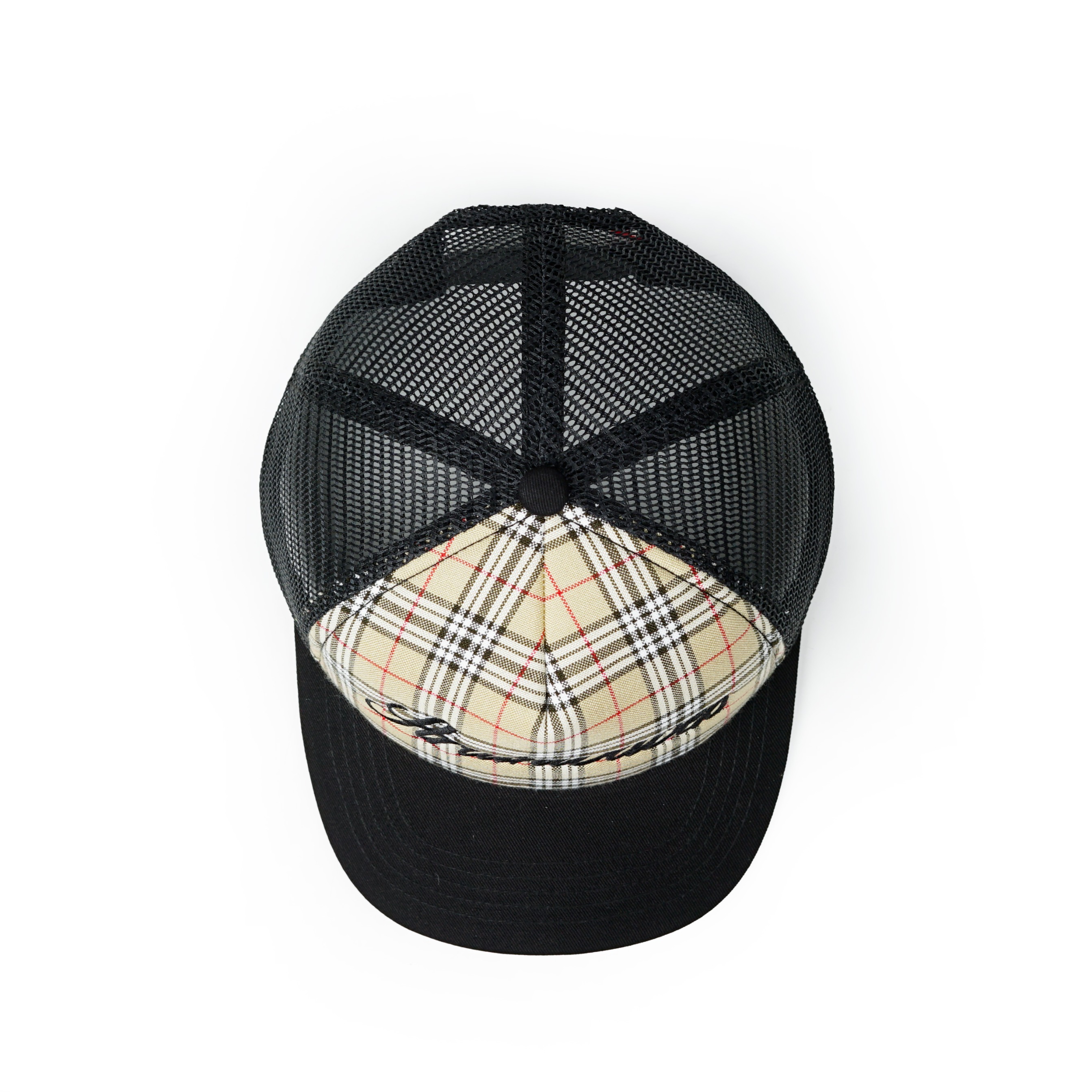Strainwaves Font Plaid Trucker Hat Twotone Black