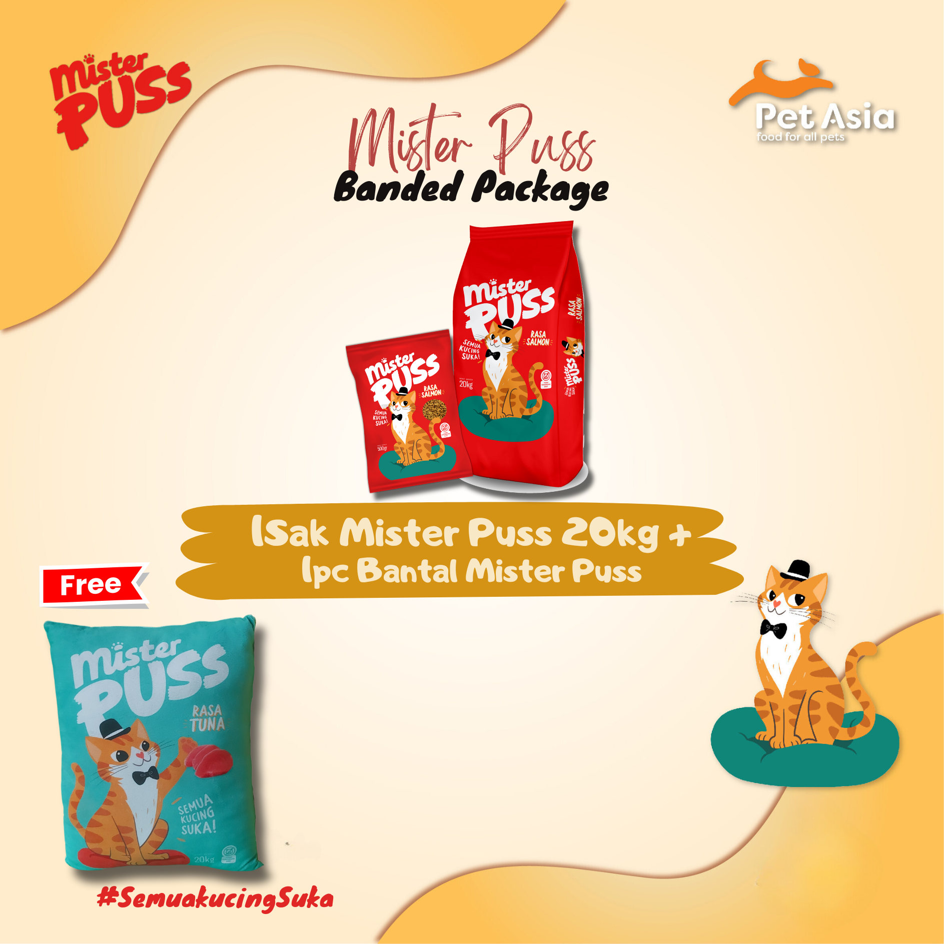 1 Sack 20kg Mister Puss Salmon / Tuna + Bantal Mister Puss (Banded Package)