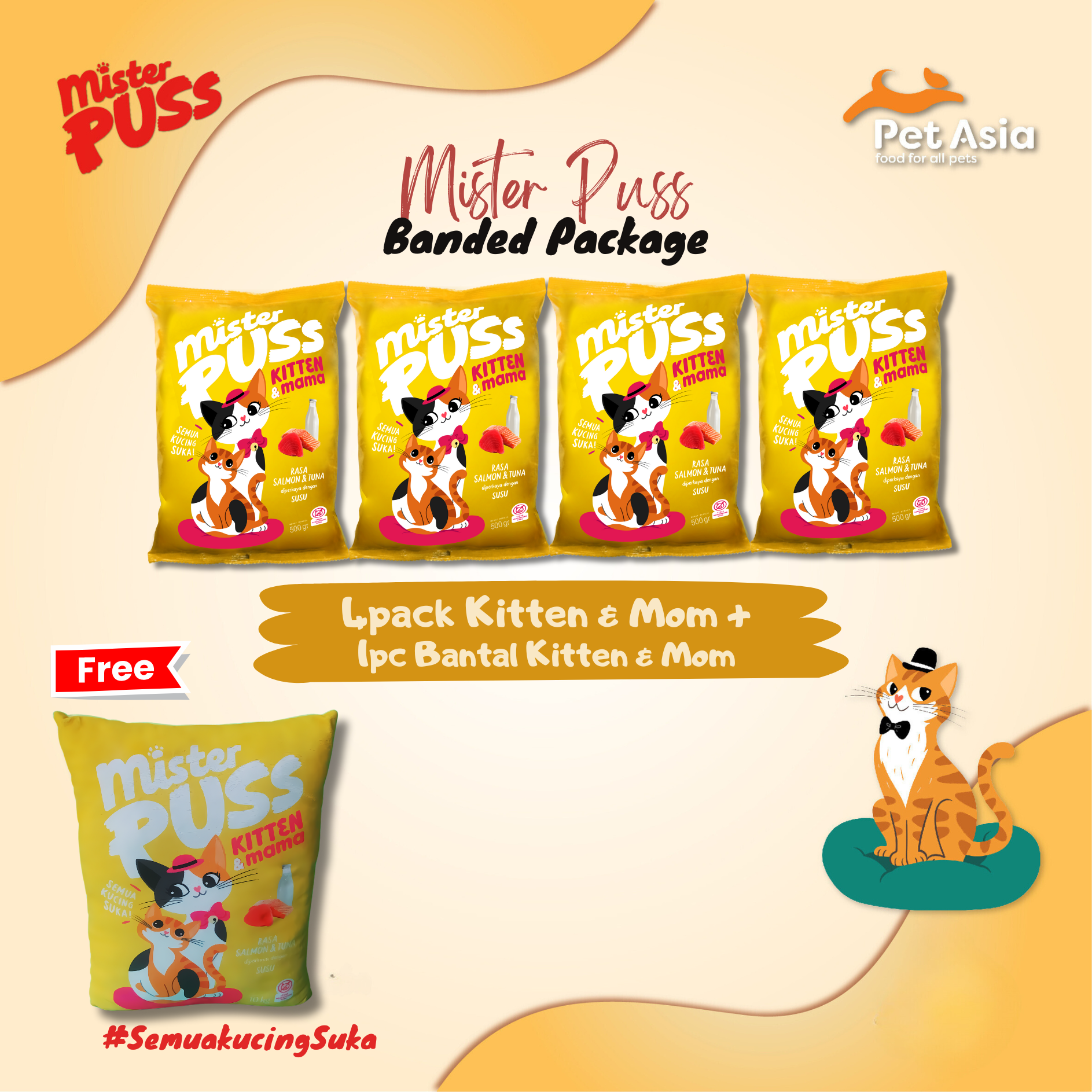 4pc Mister Puss Kitten & Mama 500gr + Bantal / Topi Mister Puss