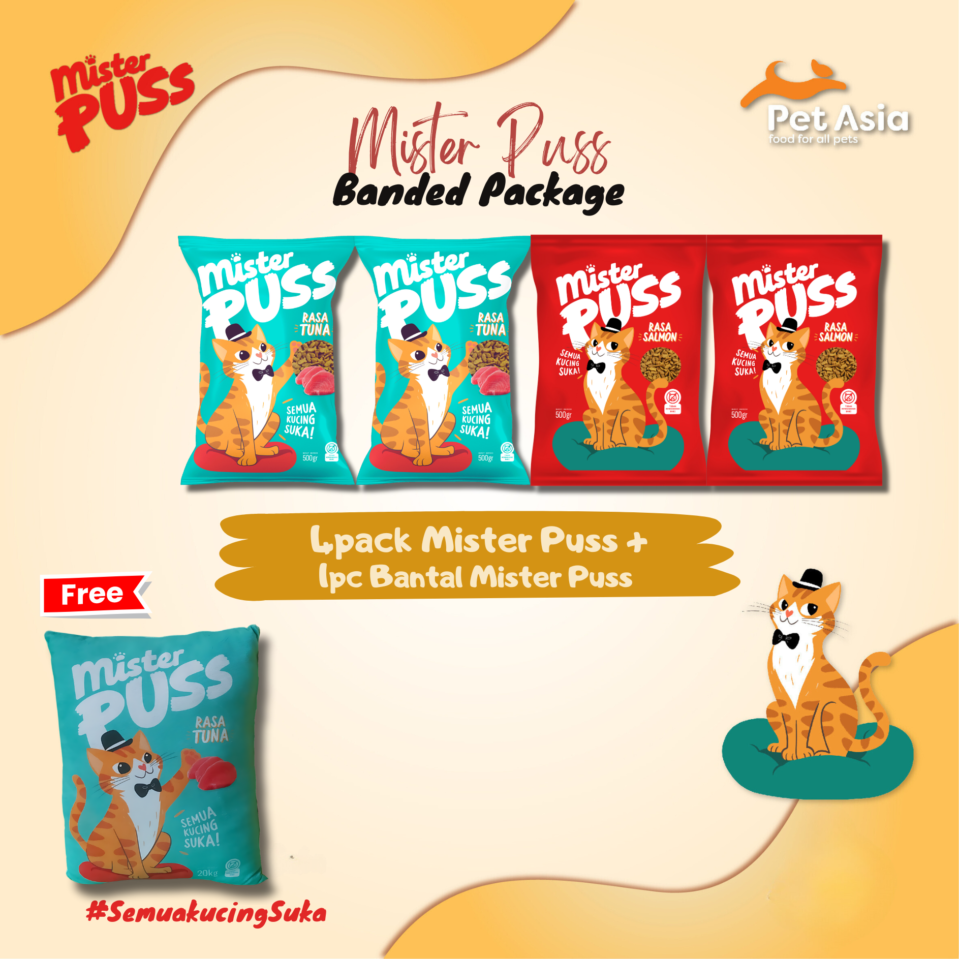 4pc Mister Puss Salmon / Tuna 500gr + Topi Mister Puss / Bantal Mister Puss