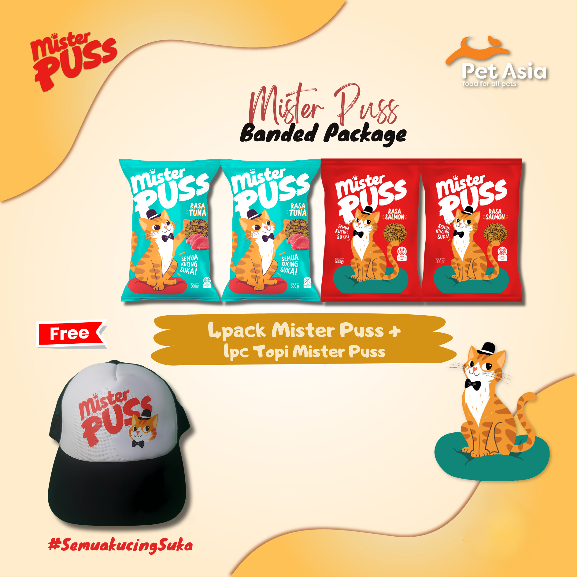 4pc Mister Puss Salmon / Tuna 500gr + Topi Mister Puss / Bantal Mister Puss
