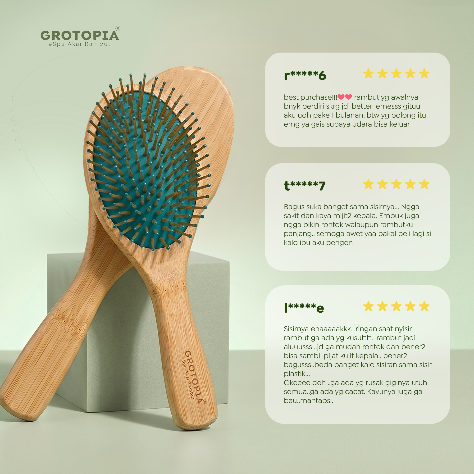 Grotopia Dermacore Bamboo Brush V2 Sisir Scalp Massager Comb Perawatan Akar Rambut Bambu Kayu