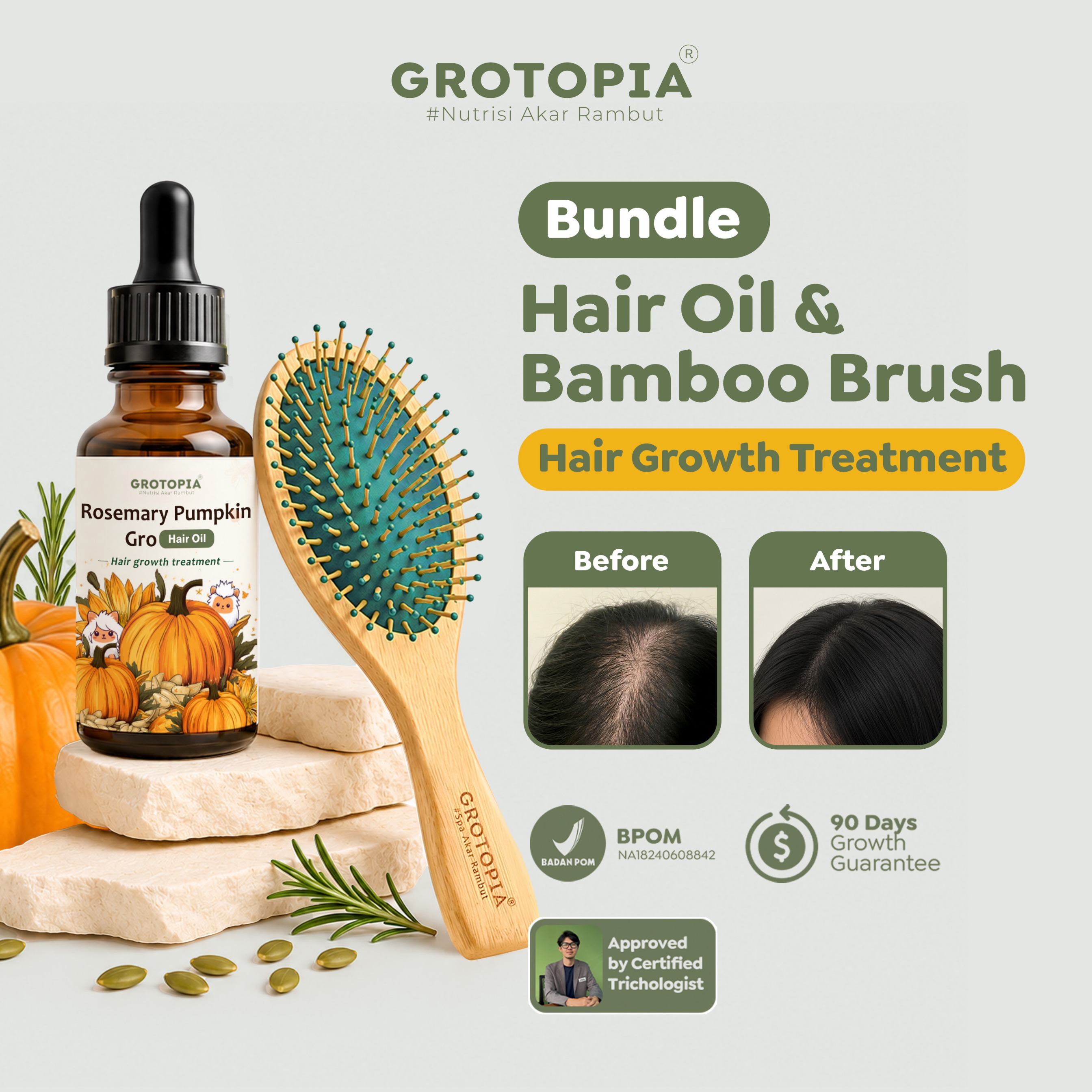 BUNDLE Grotopia Gro Pumpkin Rosemary Hair Oil 60ml dan Dermacore Brush V2 Sisir