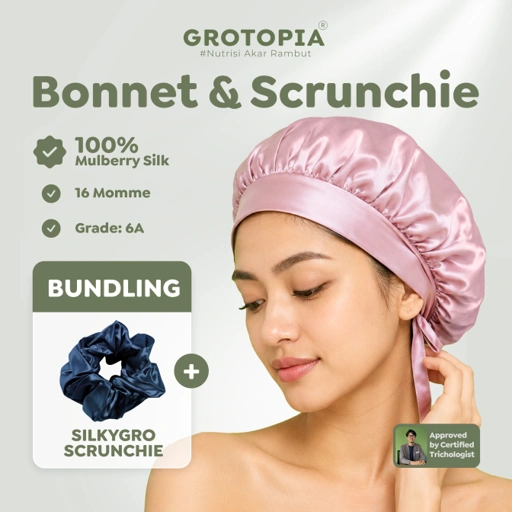 Image of Grotopia Bundle Bonnet & Scrunchie 100% Mulberry Silk 16 Momme Grade 6A Rambut Halus Anti Kusut