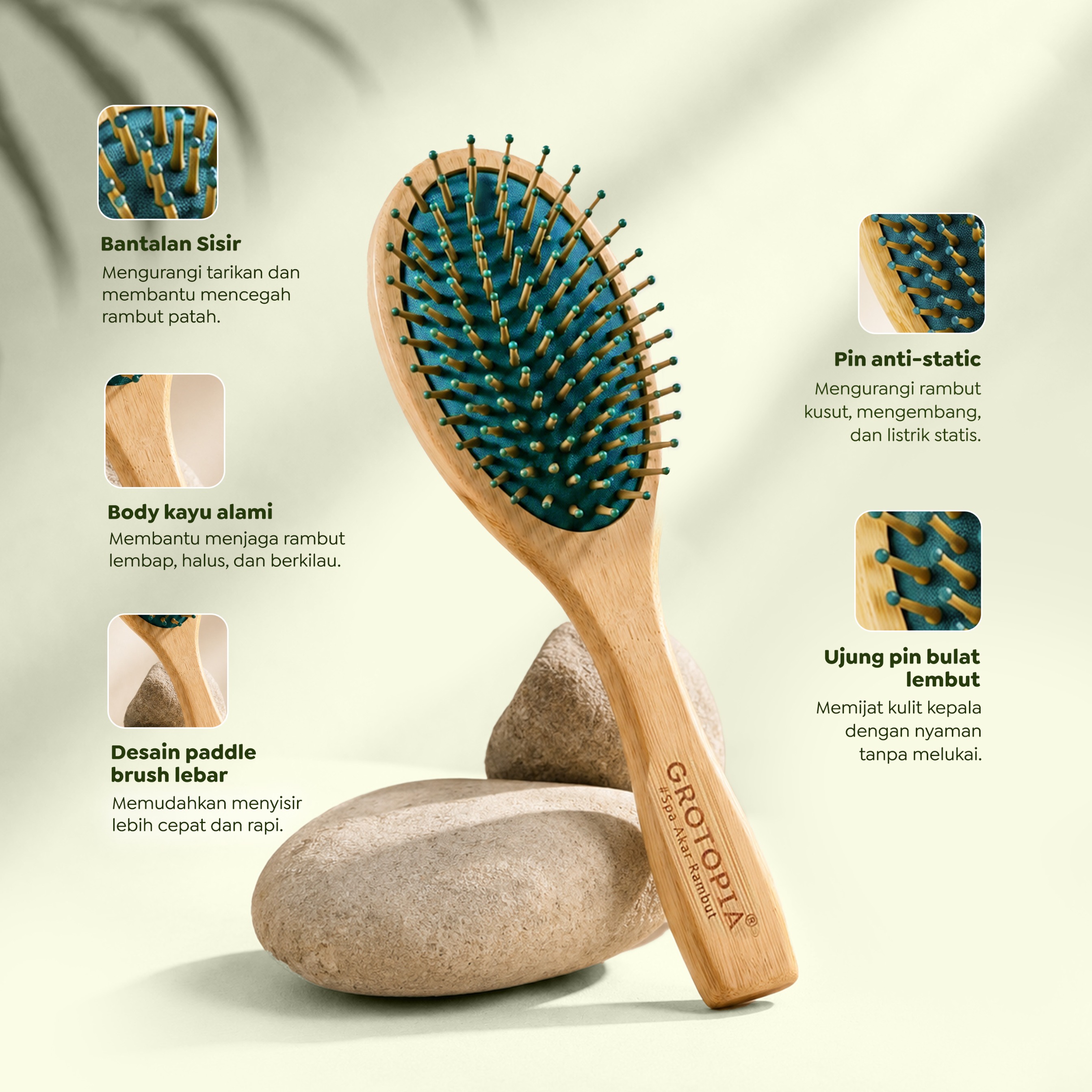 Grotopia Dermacore Bamboo Brush V2 Sisir Scalp Massager Comb Perawatan Akar Rambut Bambu Kayu
