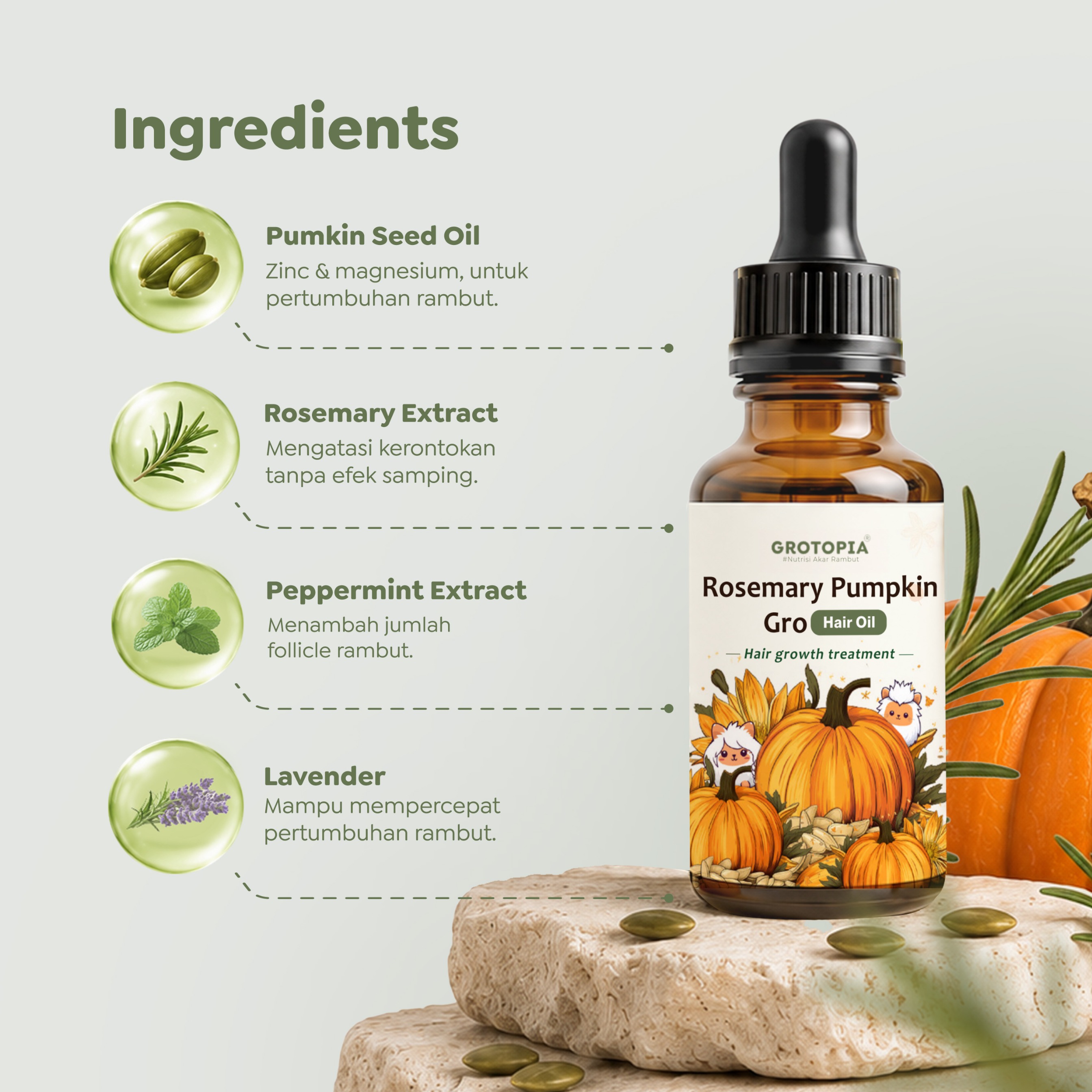 BUNDLE Grotopia Gro Pumpkin Rosemary Hair Oil 60ml dan Dermacore Brush V2 Sisir