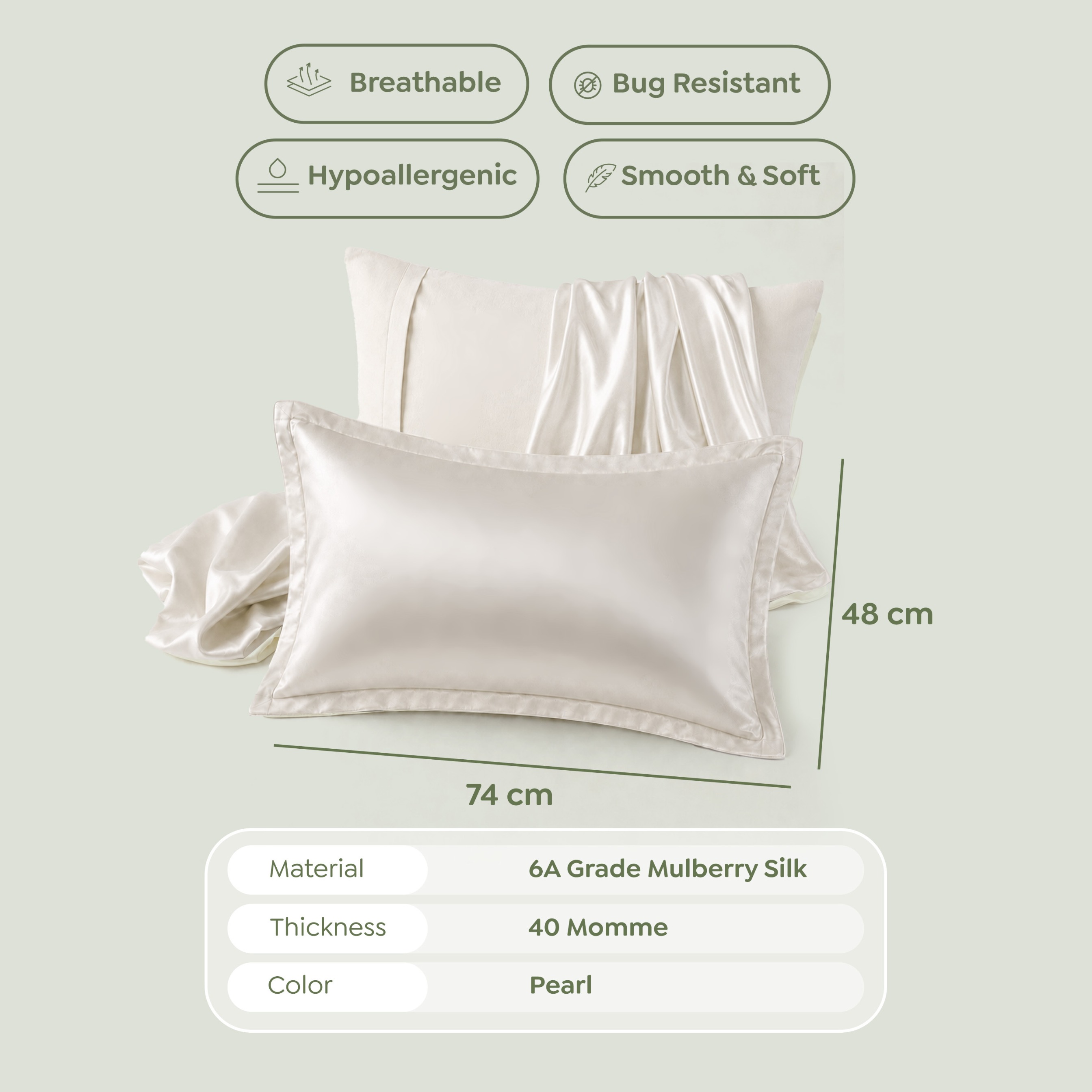 Grotopia SlikyGro Pillow Case Heavyweight 40 Momme 74x48cm 100% Mulberry Silk Grade 6A Warna Pearln