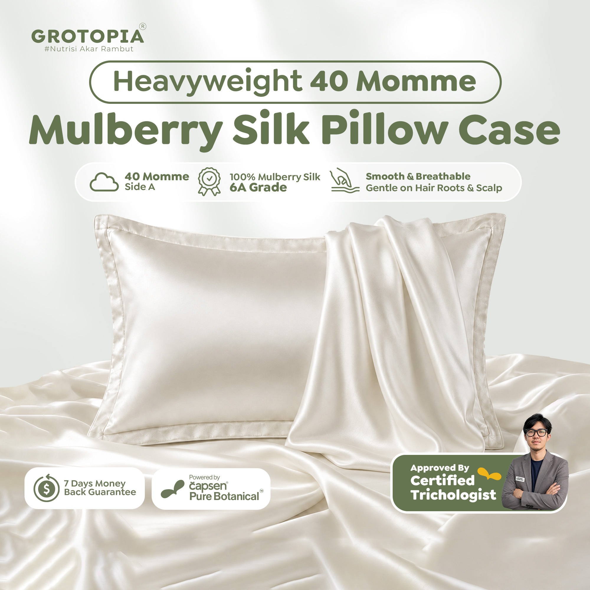 Grotopia SlikyGro Pillow Case Heavyweight 40 Momme 74x48cm 100% Mulberry Silk Grade 6A Warna Pearln