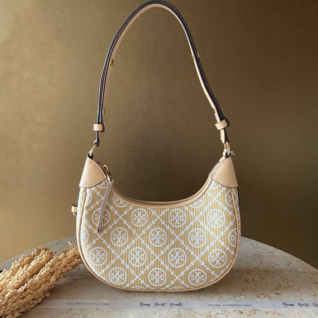 Tory Burch T Monogram Raffia Crescent Bag Natural