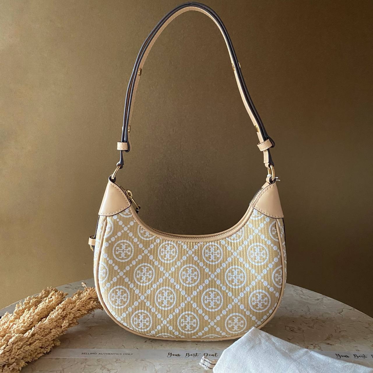 Tory Burch T Monogram Raffia Crescent Bag Natural