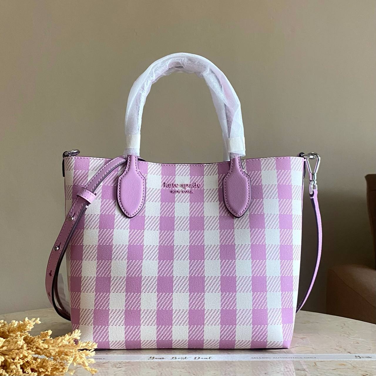 Kate Spade Bleecker Gingham Crossbody Tote Berry Cream