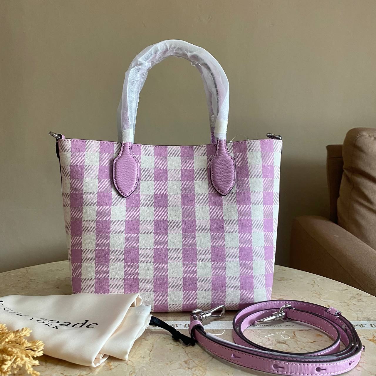 Kate Spade Bleecker Gingham Crossbody Tote Berry Cream
