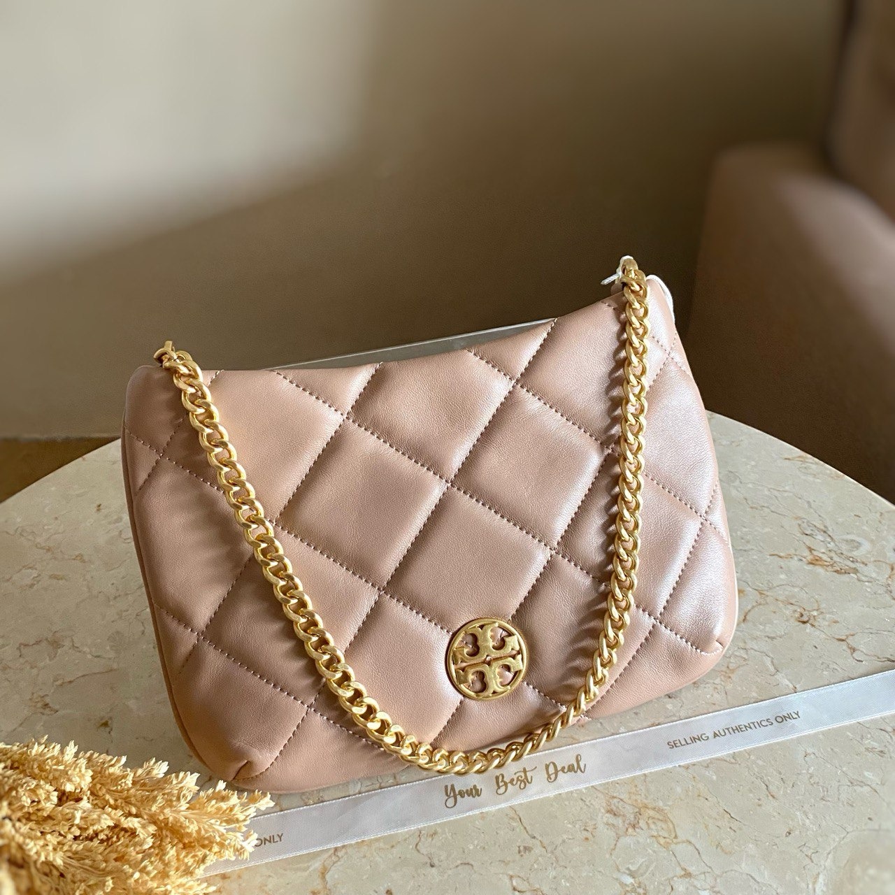 Tory Burch Willa Soft Quilt Zip Top Shoulder Bag Roasted Almond