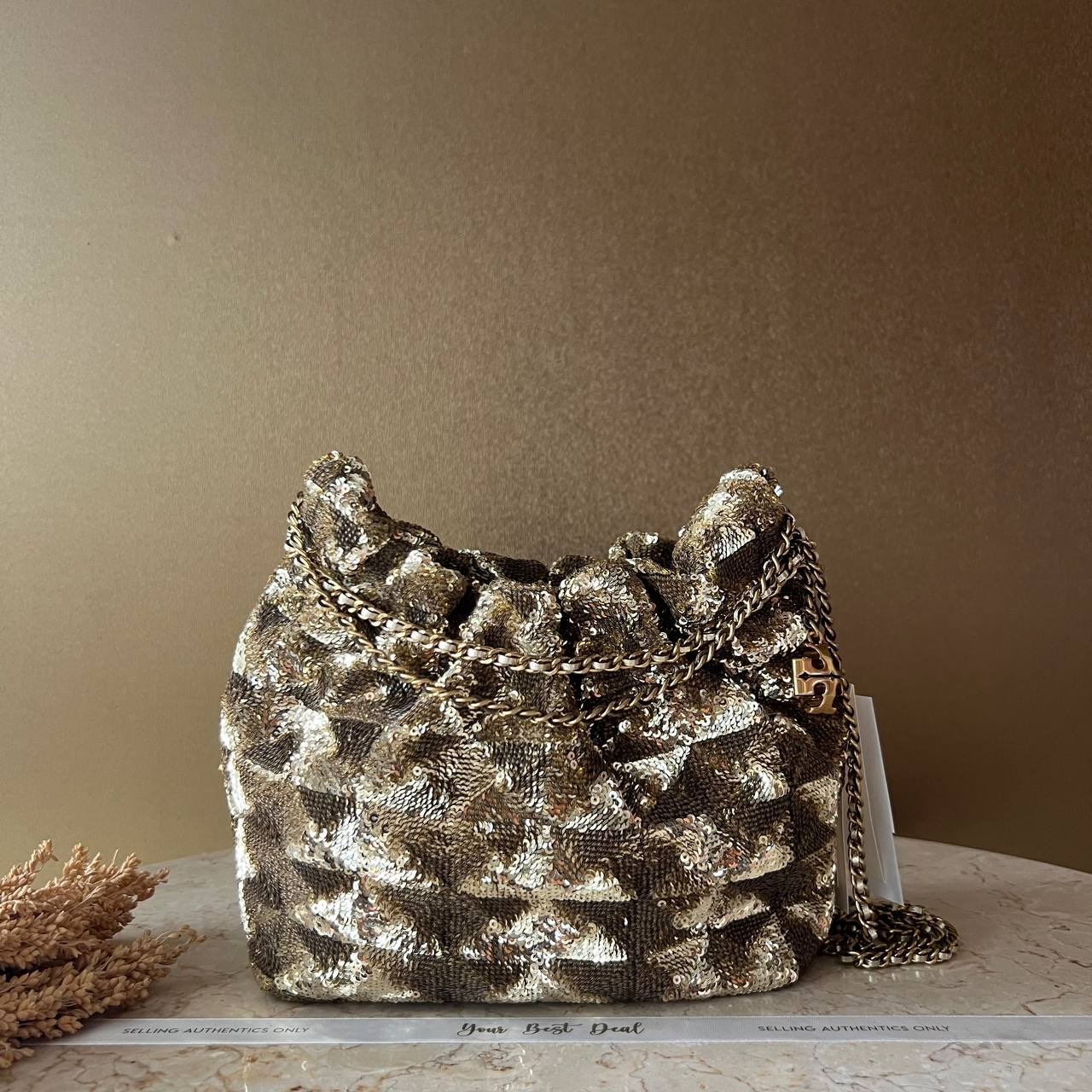 Tory Burch Fleming Sequin Mini Hobo Bag - 18 Kt Gold