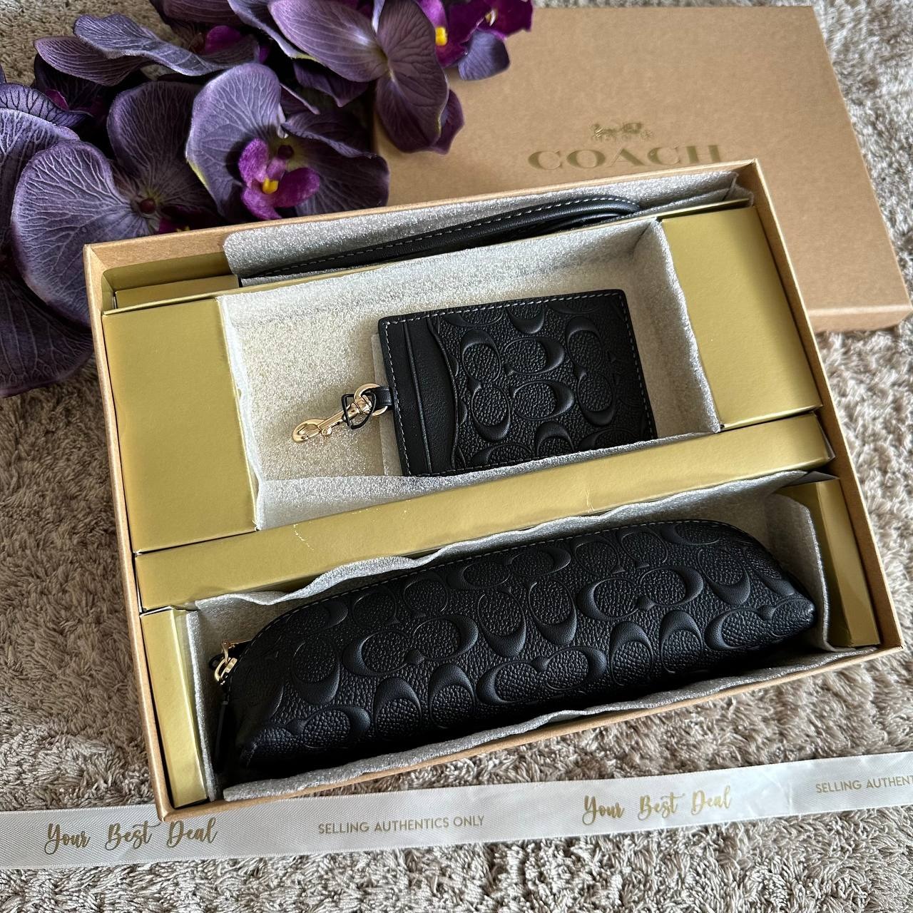 Coach Signature Embossed Boxed Pencil Case & Lanyard Set