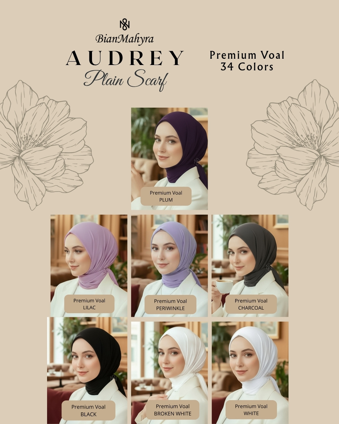 Audrey Plain Scarf Brown & Orange Series (Premium Voal)