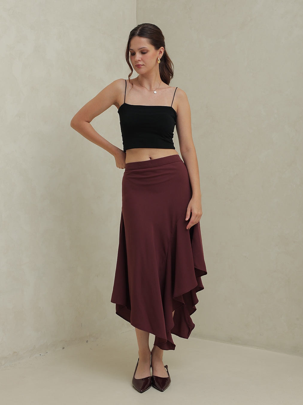 [Tutuloph] Mae Skirt | Rok Midi Ruffle Asimetris Wanita | Rok Gelombang Elegan & Stylish – Fit to Big Size, Cocok untuk Casual & Semi Formal Look
