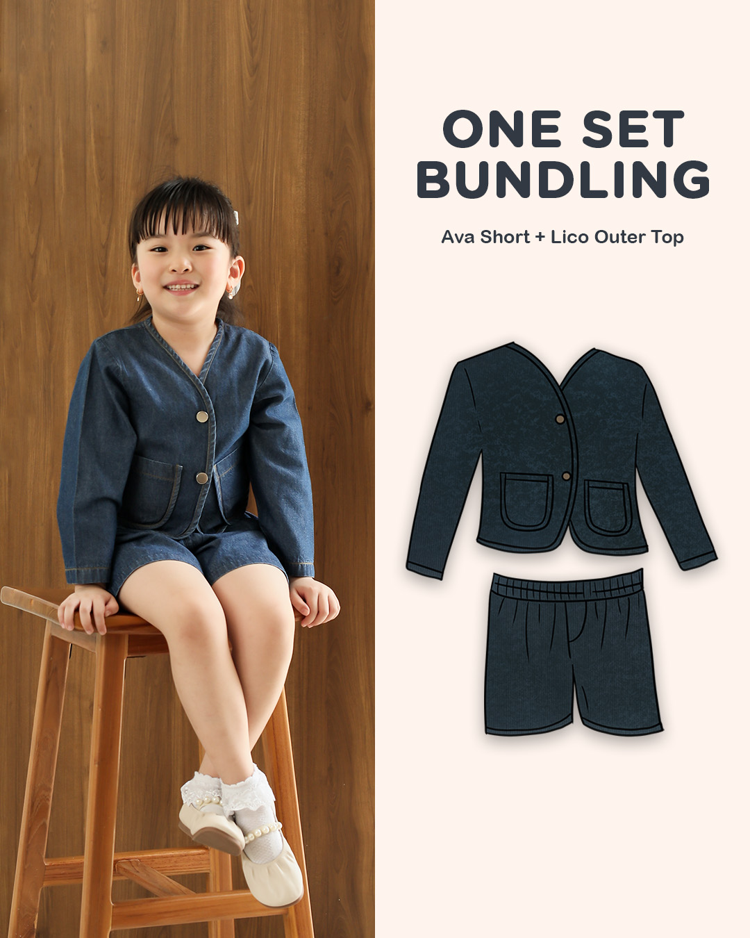 One Set Ava Short Pants + Lico Outer Kids/Rhea Shirt Kids | Denim Short Pants dan Atasan Anak Perempuan | Usia 1-8 Tahun | Celana Jeans Pendek dan Atasan Anak | Tutu Kids