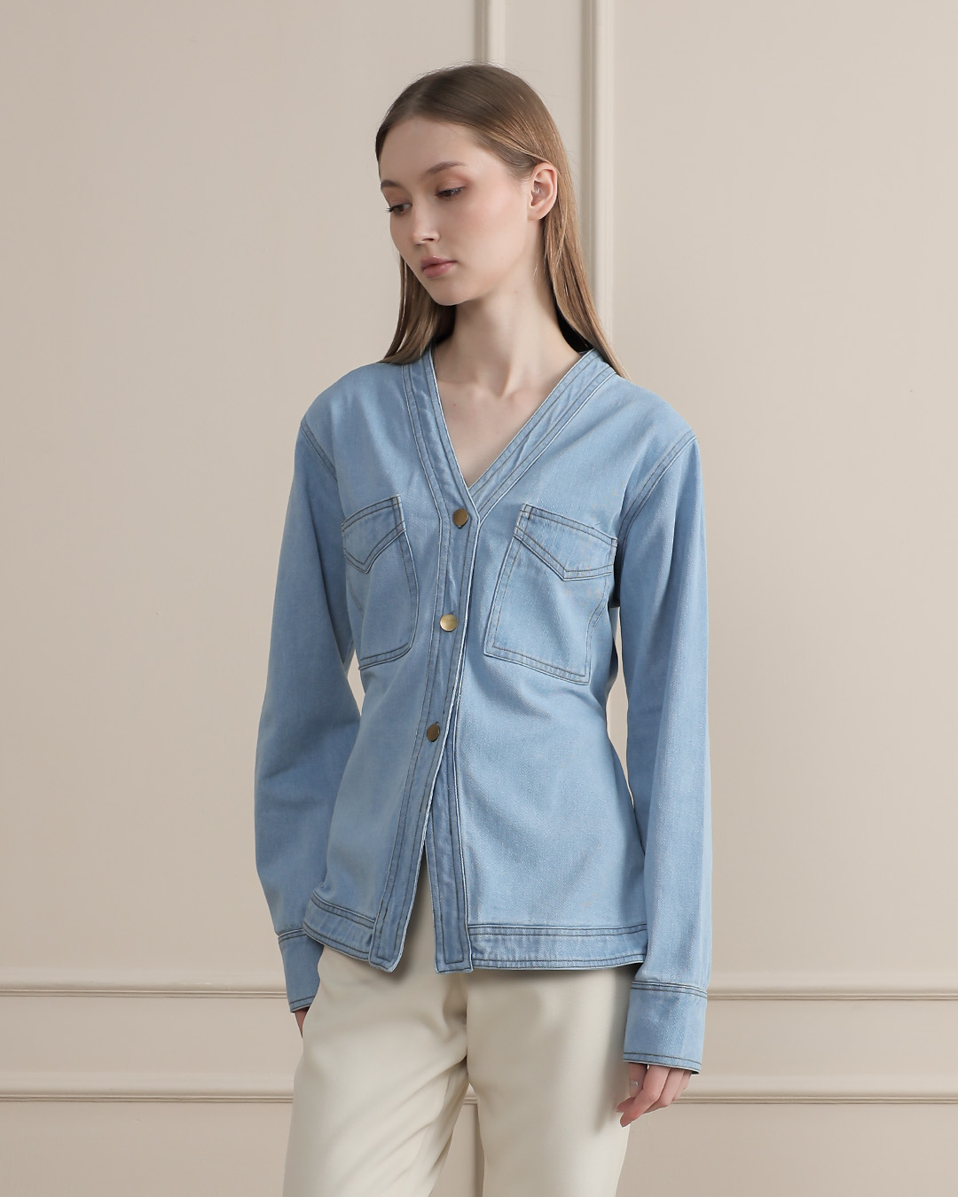 [Tutuloph] Eula Top | Atasan Wanita Denim V-Neck | Lengan Panjang Denim Jeans | Denim Collection Casual | Regular Casual Big Size