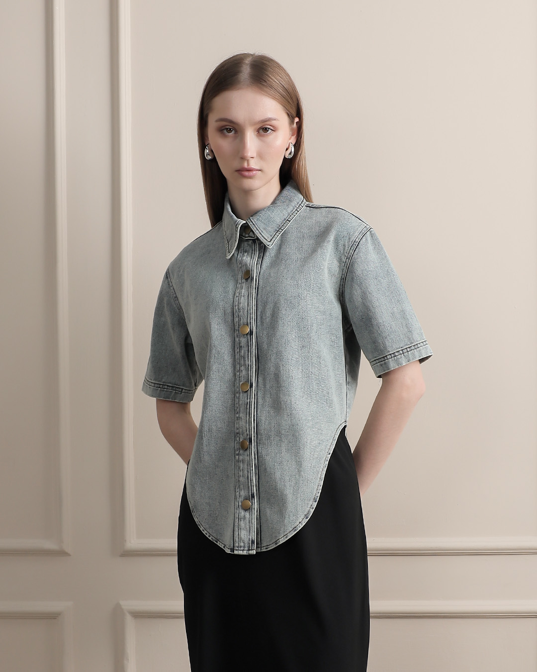 [Tutuloph] Luca Top | Atasan Denim Wanita Kerah Lengan Pendek | Asymmetric Denim Top | Casual Denim Collection | Regular Casual Big Size