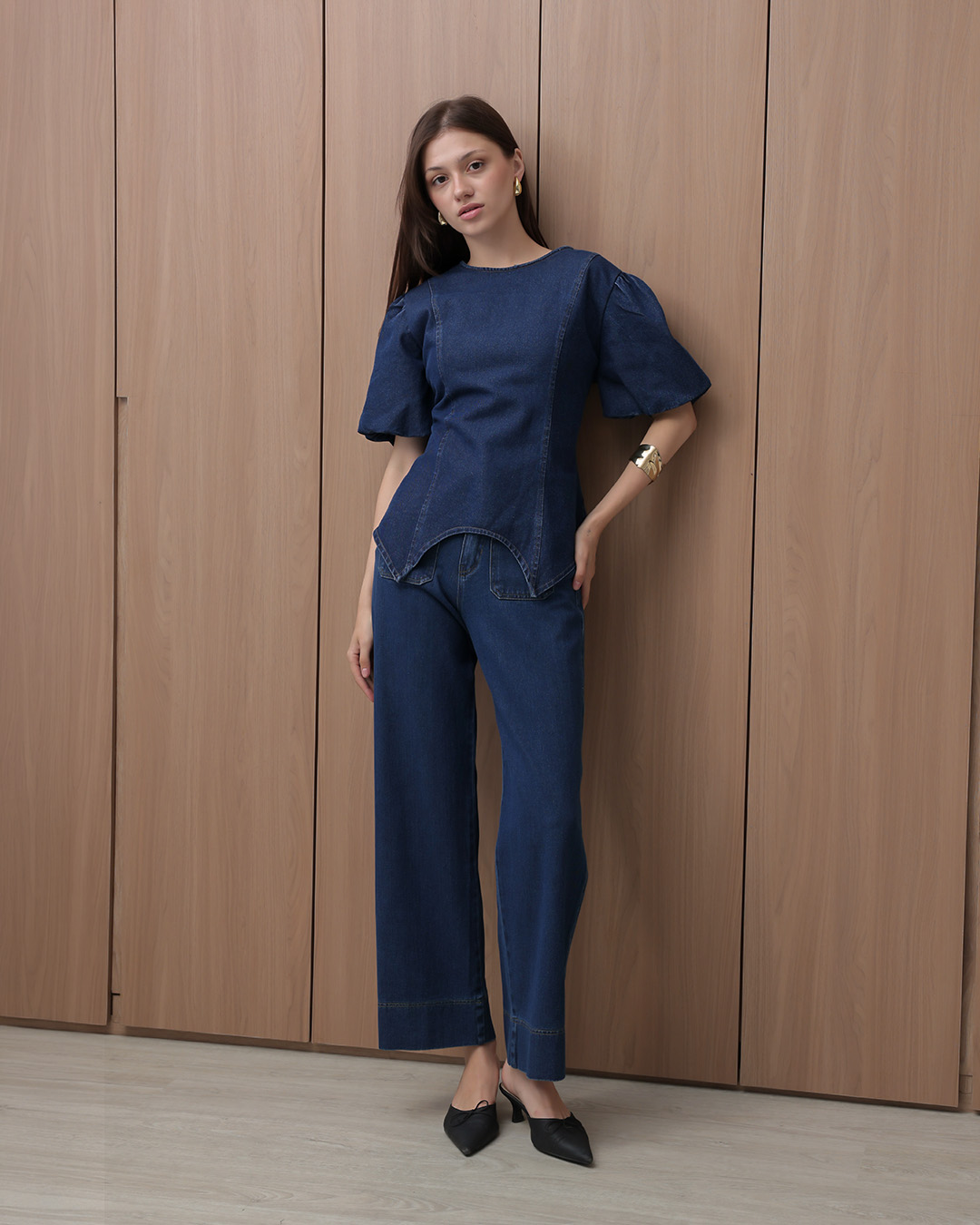 [Tutuloph] Cora Blouse | Atasan Denim Wanita Elegan | Lengan Pendek Puff | Denim Jeans Casual | Regular Casual Big Size