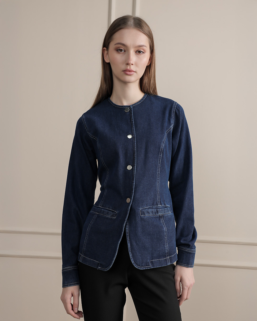 [Tutuloph] Enia Top | Atasan Denim Wanita Kancing Depan | Lengan Panjang Tali Belakang | Denim Jeans Casual | Regular Casual Big Size