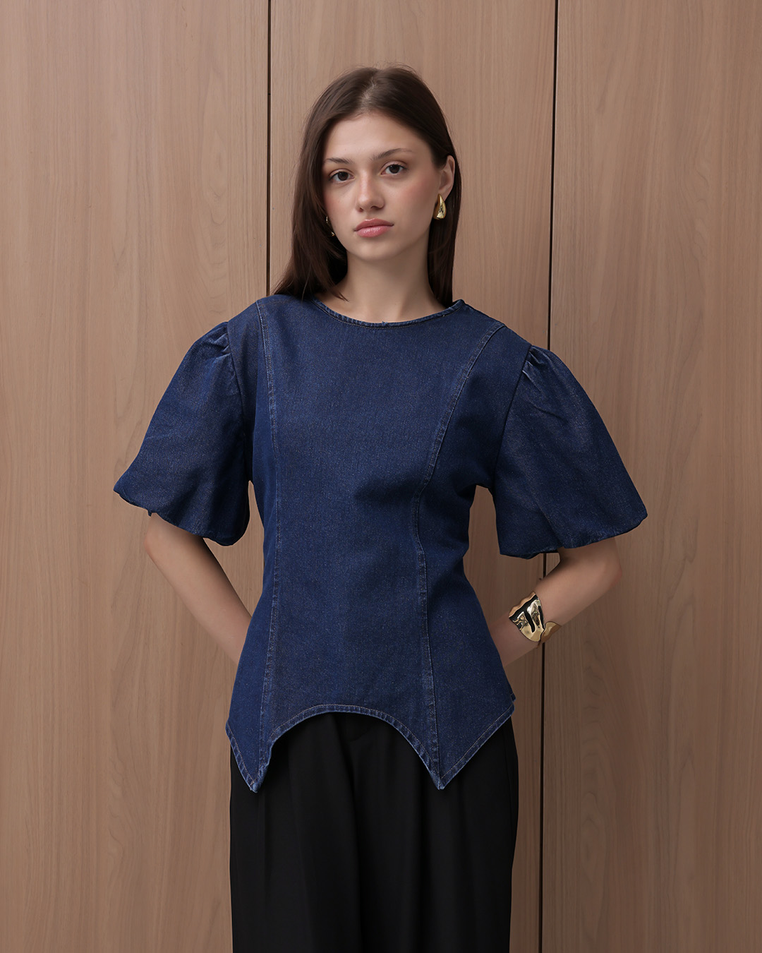 [Tutuloph] Cora Blouse | Atasan Denim Wanita Elegan | Lengan Pendek Puff | Denim Jeans Casual | Regular Casual Big Size