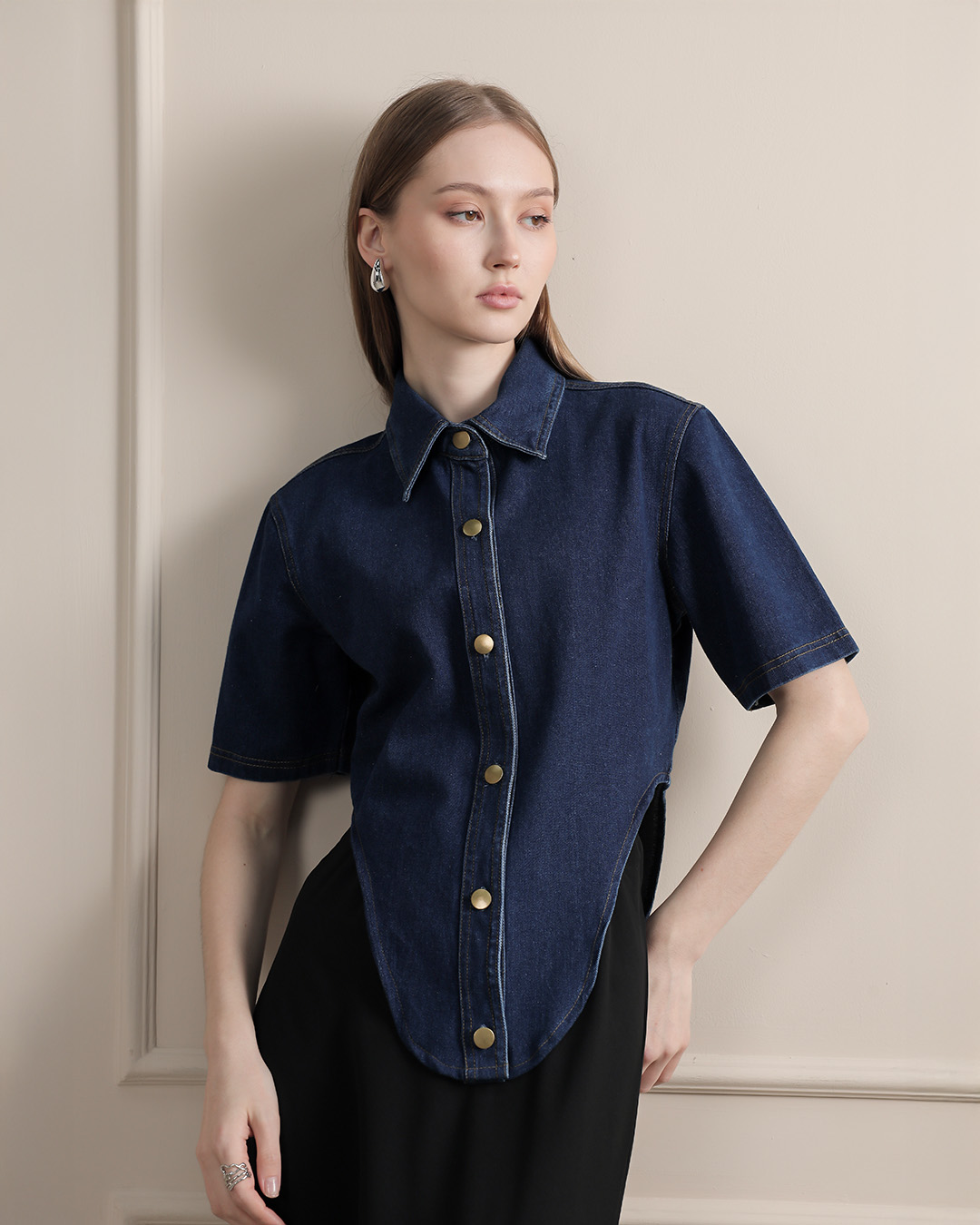 [Tutuloph] Luca Top | Atasan Denim Wanita Kerah Lengan Pendek | Asymmetric Denim Top | Casual Denim Collection | Regular Casual Big Size
