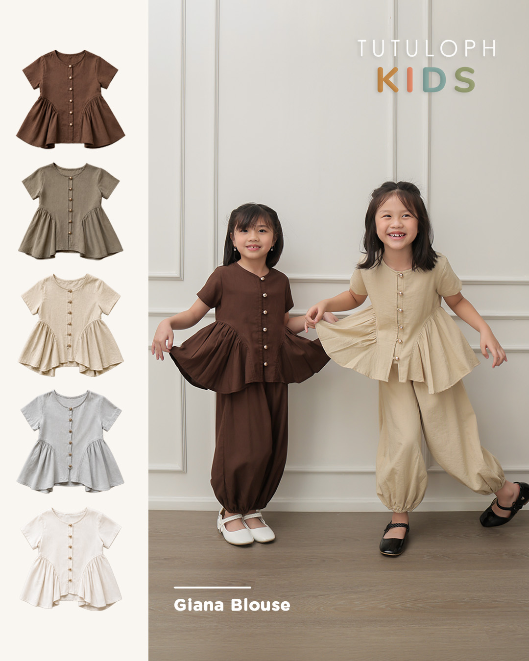 Giana Blouse Kids | Blouse Anak Perempuan Lengan Pendek | Atasan Anak Casual Peplum Kancing Depan | Usia 1-8 Tahun | TutuKids