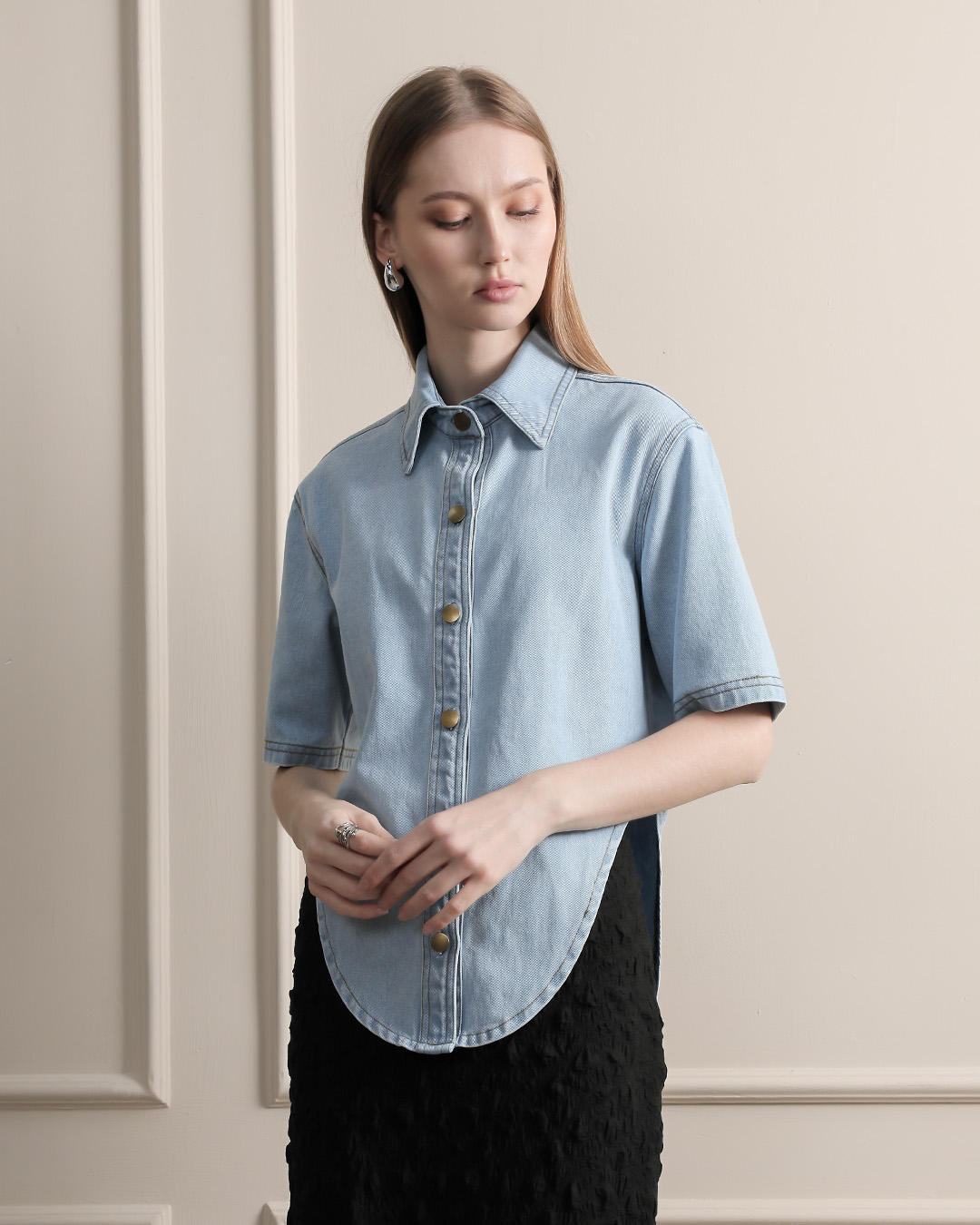 [Tutuloph] Luca Top | Atasan Denim Wanita Kerah Lengan Pendek | Asymmetric Denim Top | Casual Denim Collection | Regular Casual Big Size