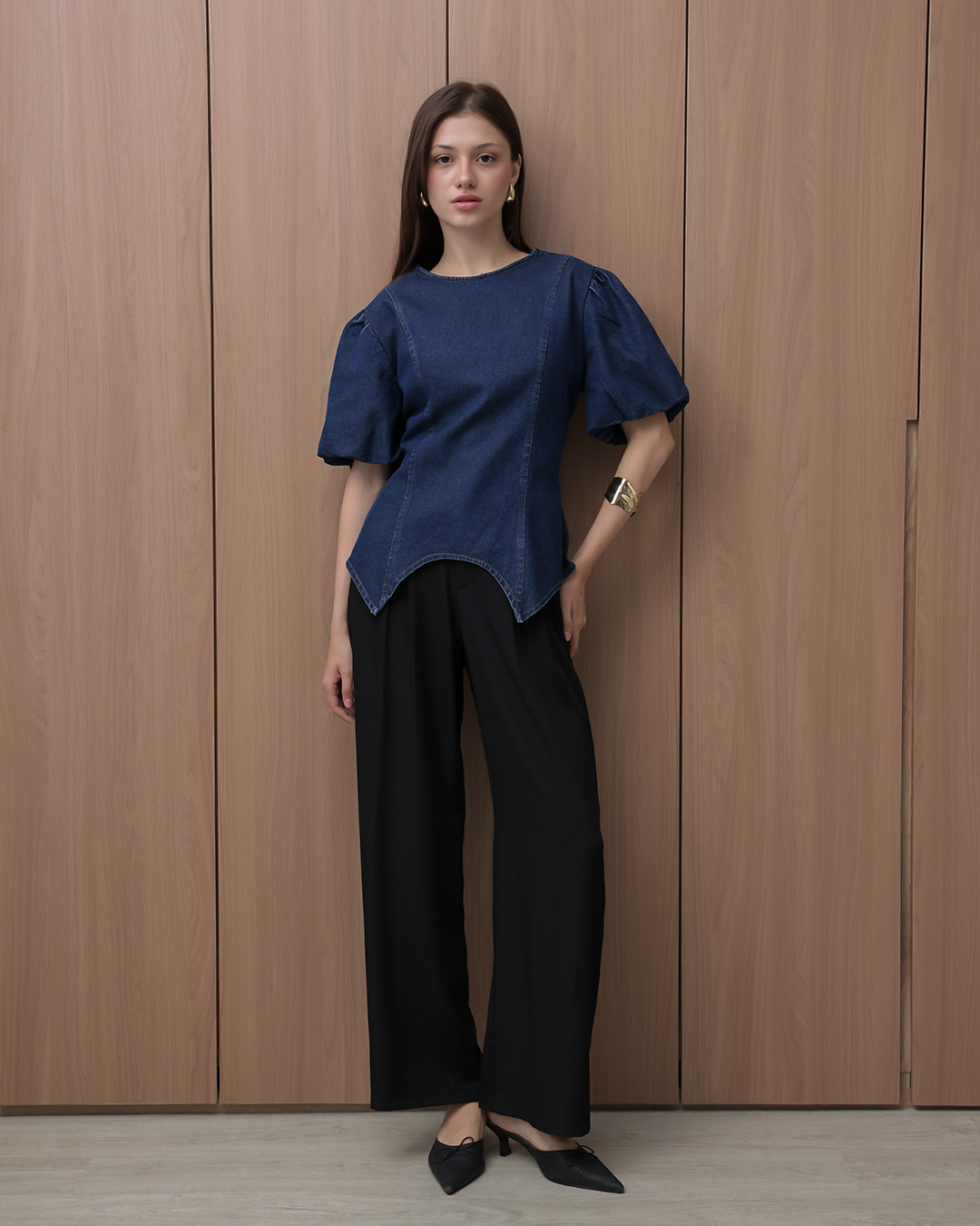 [Tutuloph] Cora Blouse | Atasan Denim Wanita Elegan | Lengan Pendek Puff | Denim Jeans Casual | Regular Casual Big Size