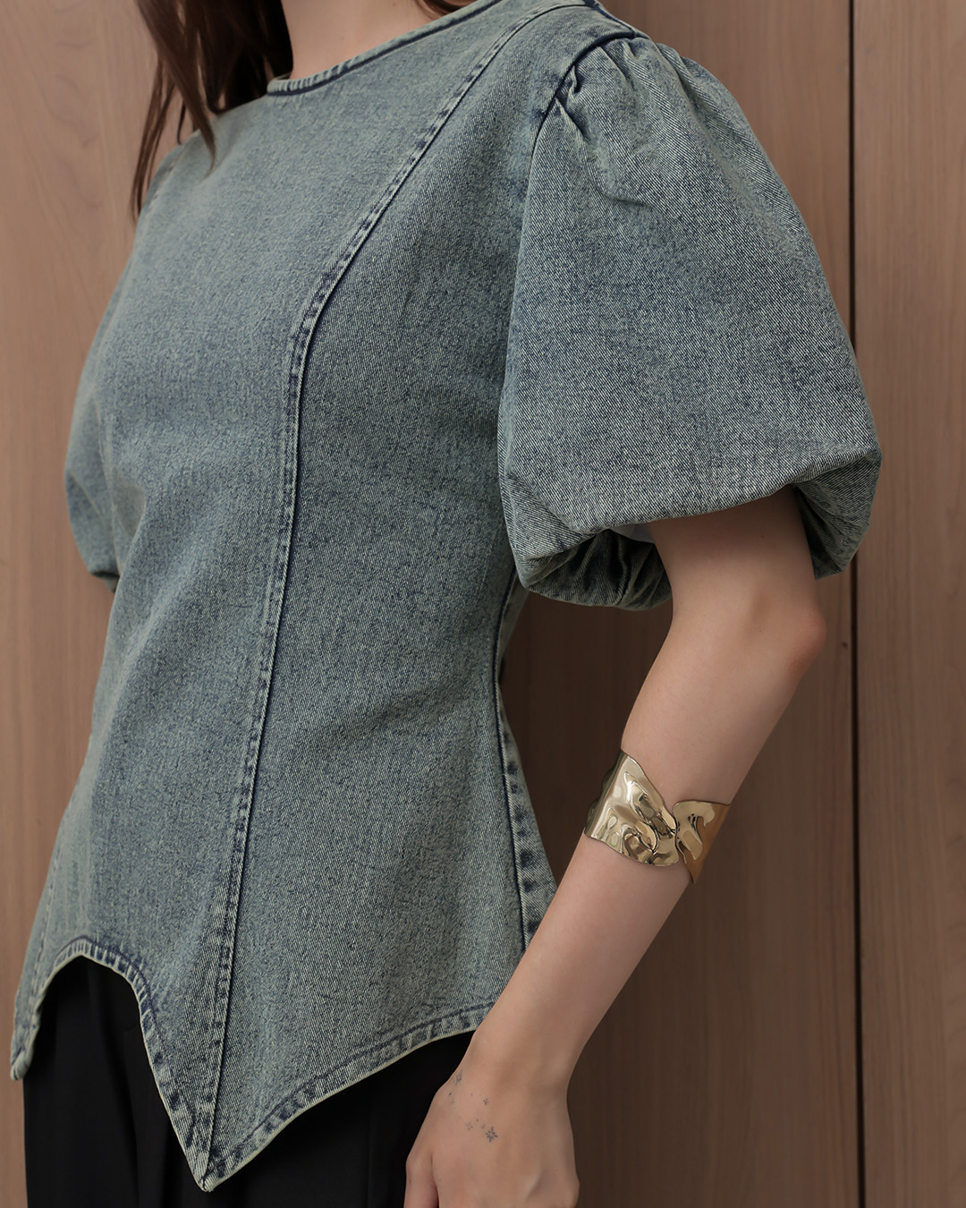 [Tutuloph] Cora Blouse | Atasan Denim Wanita Elegan | Lengan Pendek Puff | Denim Jeans Casual | Regular Casual Big Size