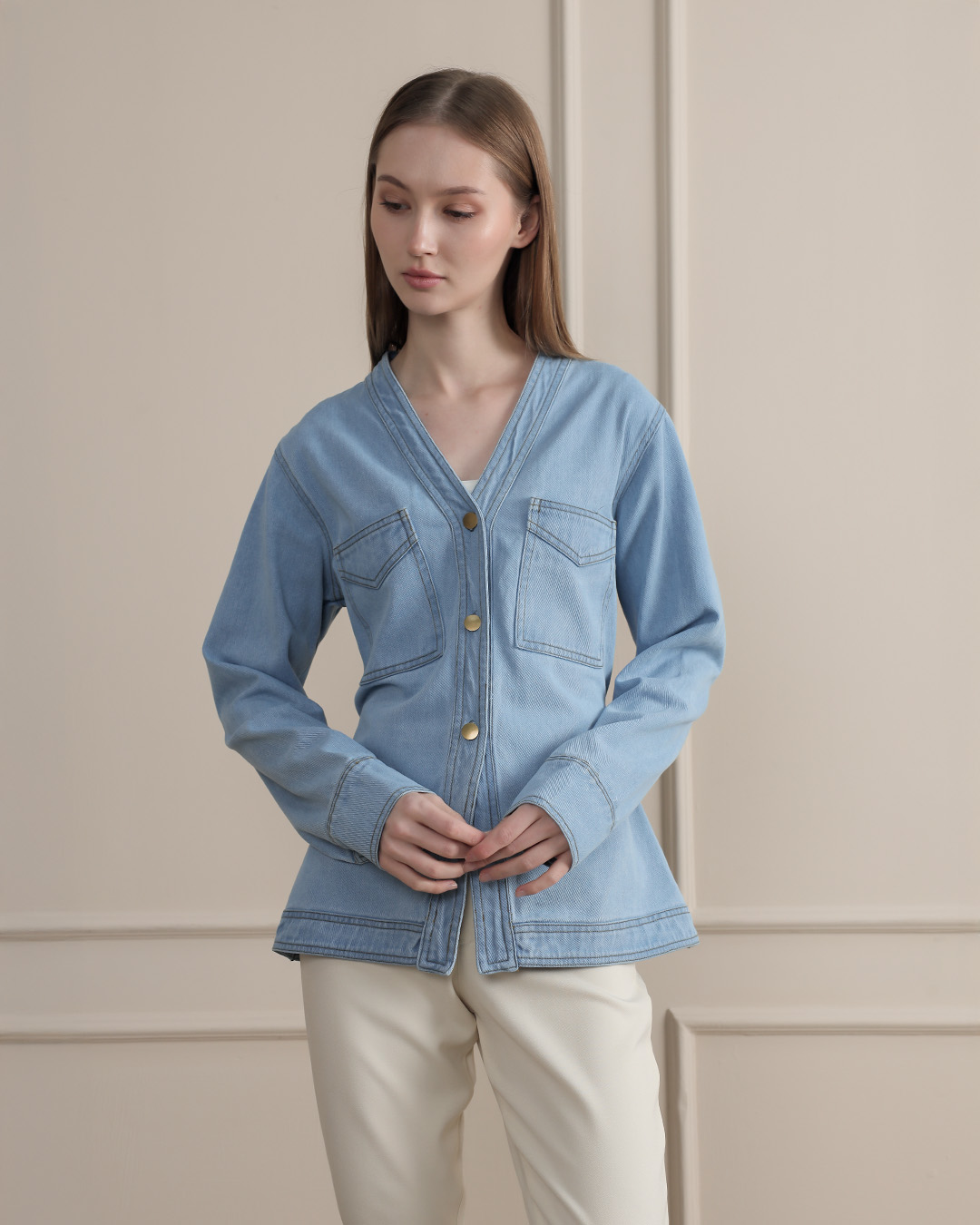[Tutuloph] Eula Top | Atasan Wanita Denim V-Neck | Lengan Panjang Denim Jeans | Denim Collection Casual | Regular Casual Big Size