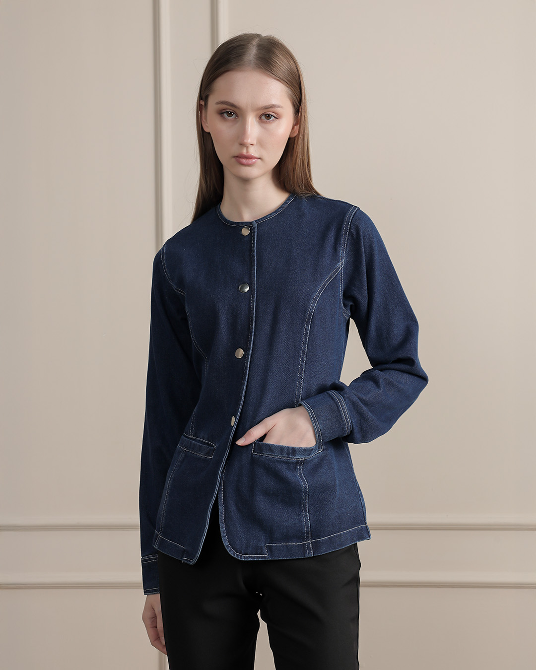 [Tutuloph] Enia Top | Atasan Denim Wanita Kancing Depan | Lengan Panjang Tali Belakang | Denim Jeans Casual | Regular Casual Big Size