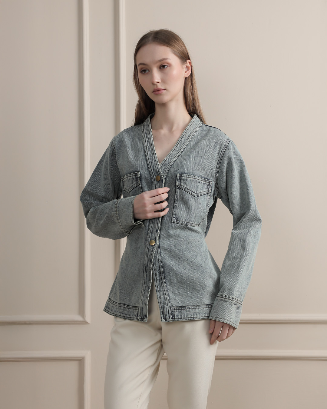 [Tutuloph] Eula Top | Atasan Wanita Denim V-Neck | Lengan Panjang Denim Jeans | Denim Collection Casual | Regular Casual Big Size