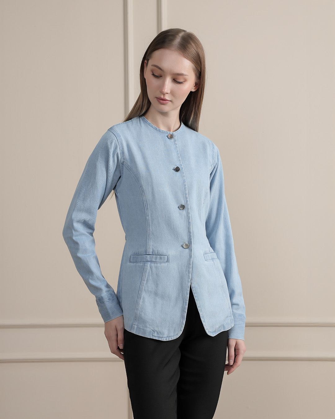 [Tutuloph] Enia Top | Atasan Denim Wanita Kancing Depan | Lengan Panjang Tali Belakang | Denim Jeans Casual | Regular Casual Big Size