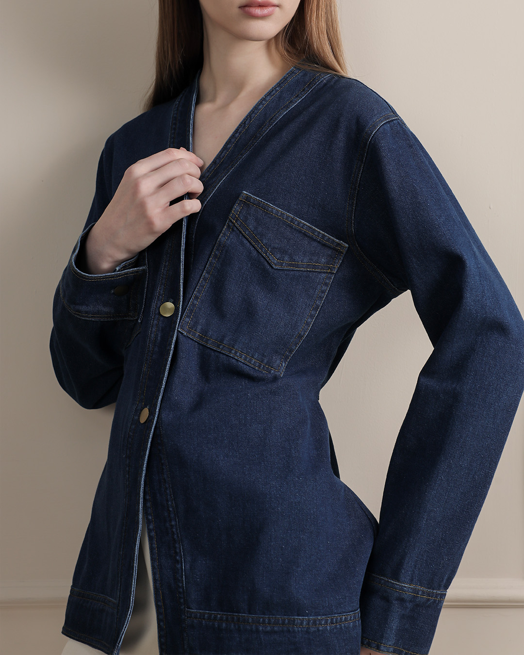 [Tutuloph] Eula Top | Atasan Wanita Denim V-Neck | Lengan Panjang Denim Jeans | Denim Collection Casual | Regular Casual Big Size