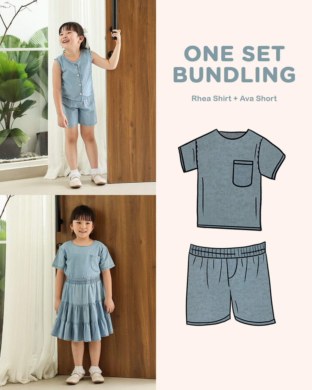 One Set Ava Short Pants + Lico Outer Kids/Rhea Shirt Kids | Denim Short Pants dan Atasan Anak Perempuan | Usia 1-8 Tahun | Celana Jeans Pendek dan Atasan Anak | Tutu Kids